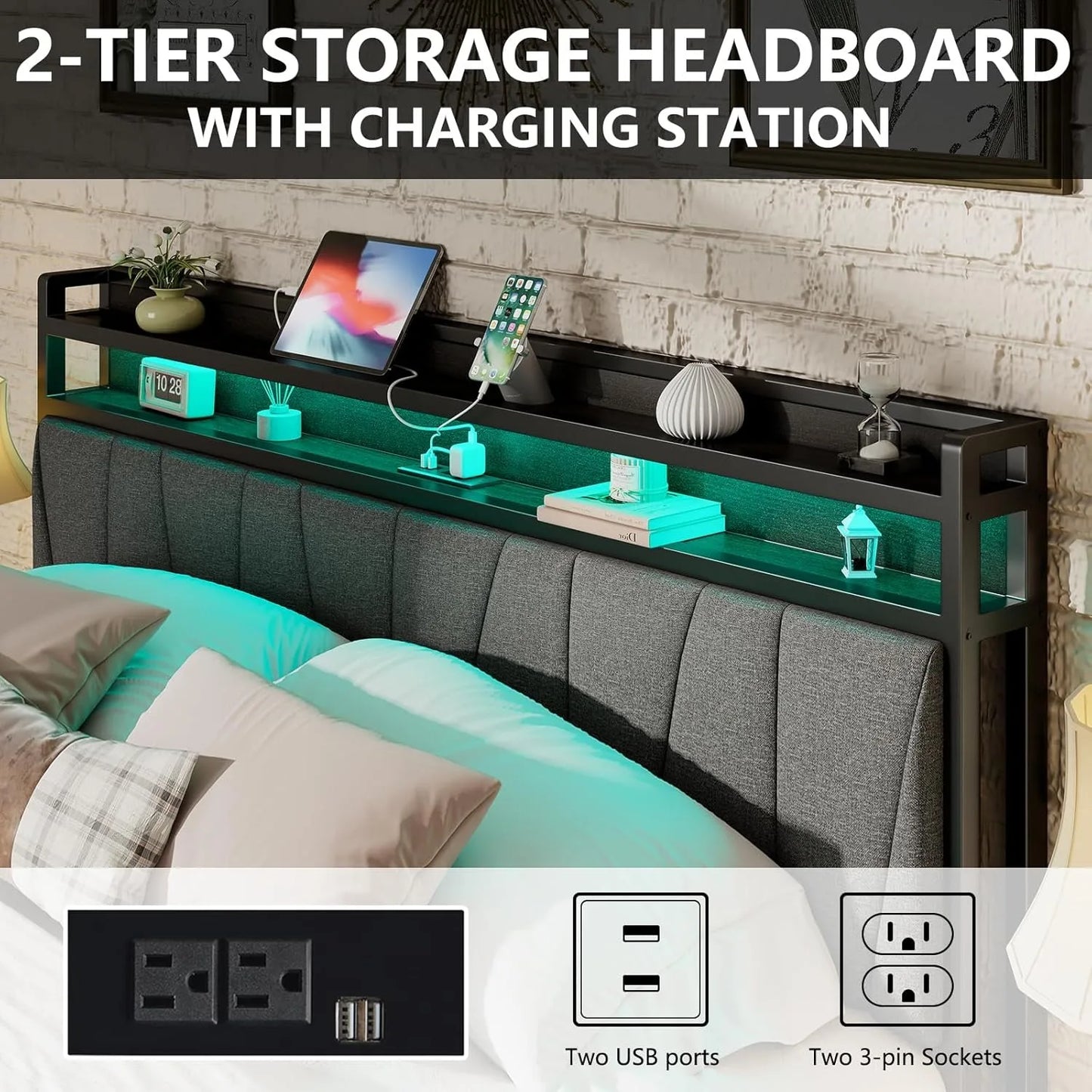 Queen Size Bed with LED Lights & Charging Station, Upholstered Headboard with 2-Tier Storage