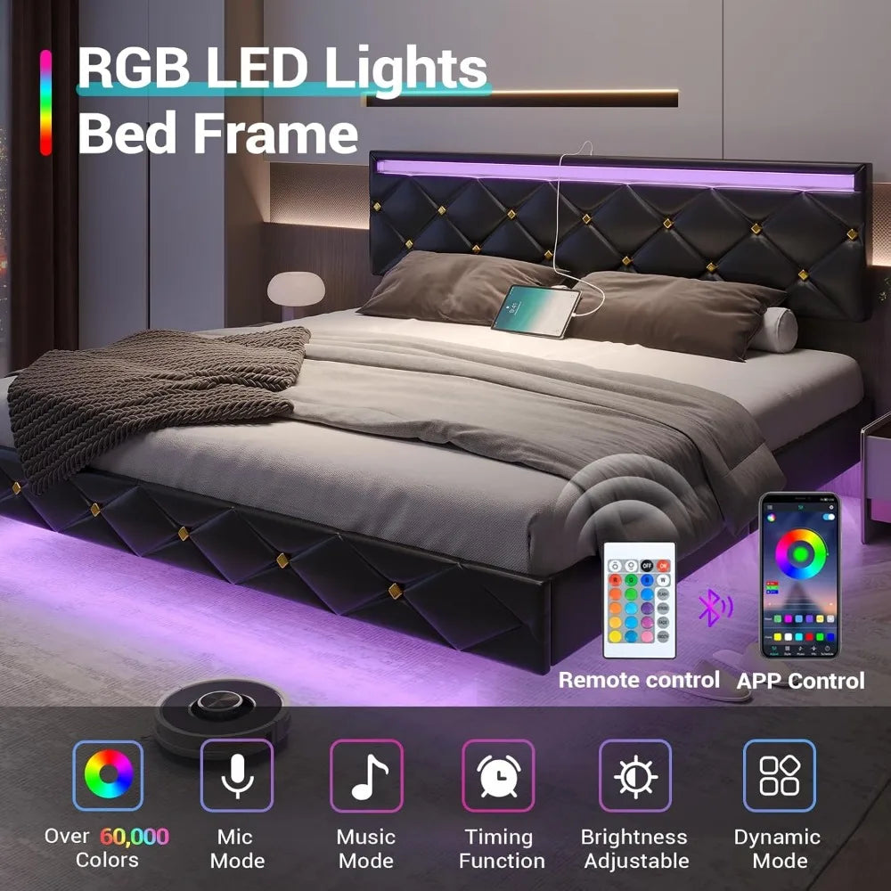 Floating Diamond Tufted LED Bed
