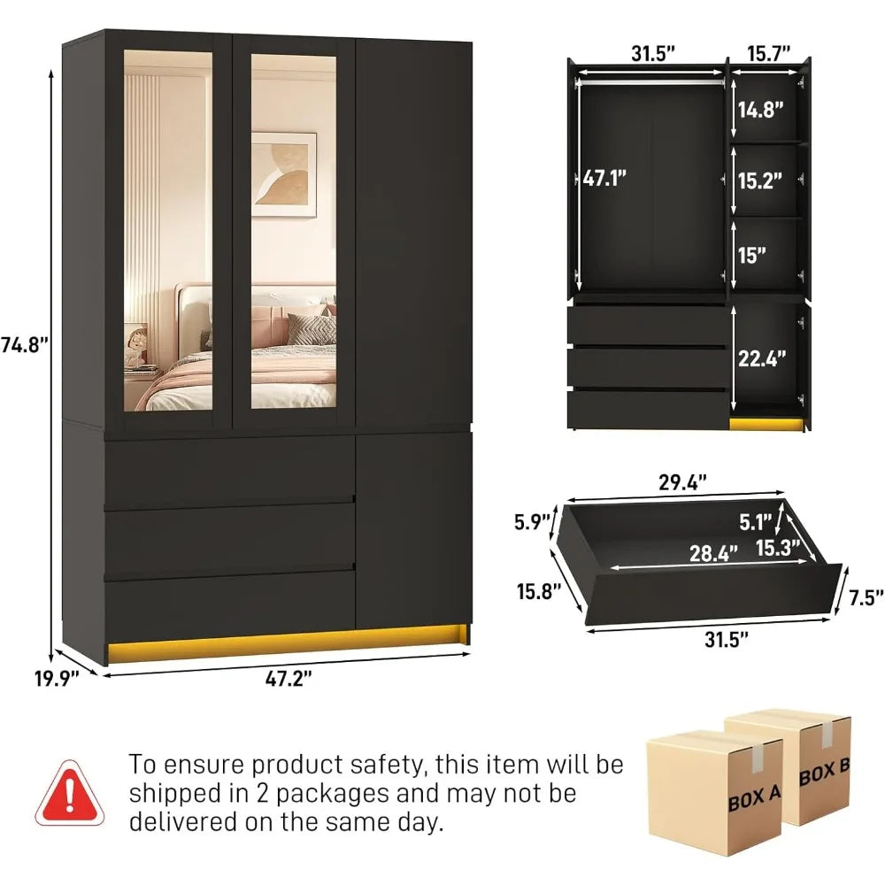 3 Door Armoire Wardrobe Closet with Drawers & Mirrors