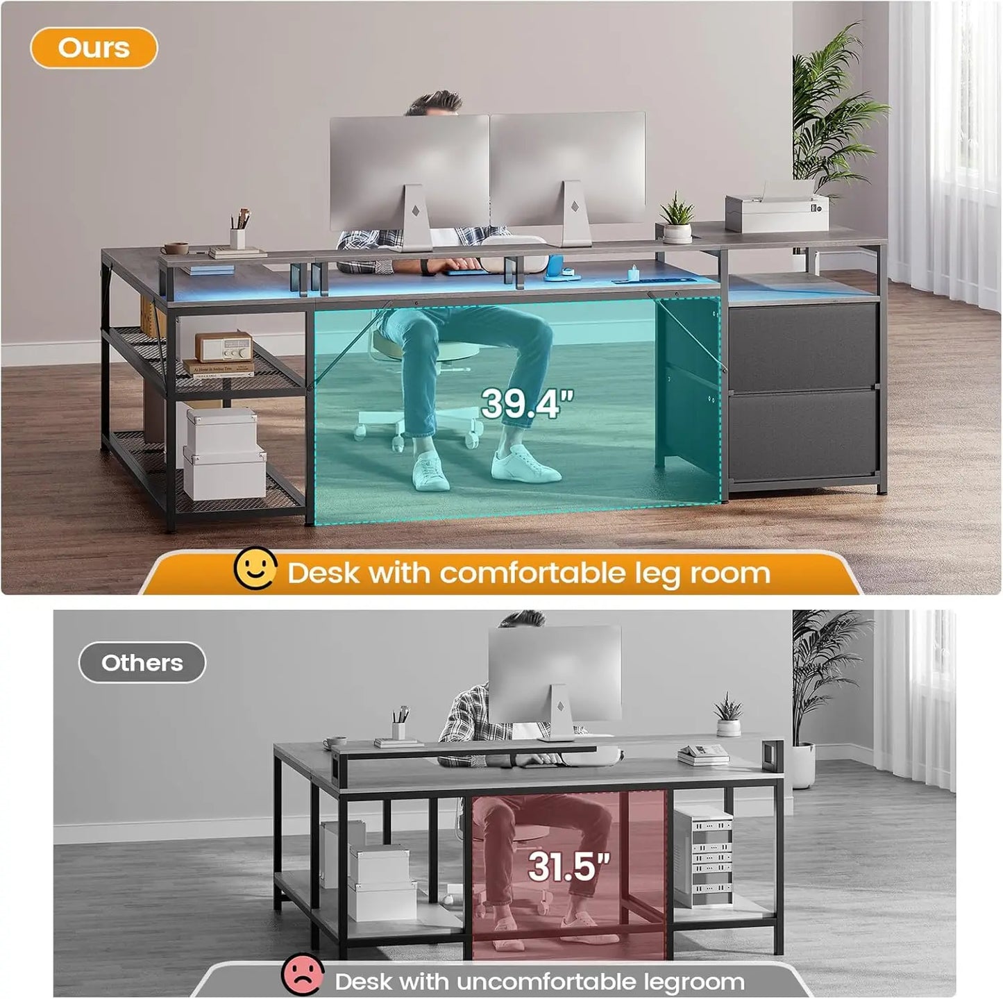 67" L Shaped LED Desk With Storage & Monitor Shelf