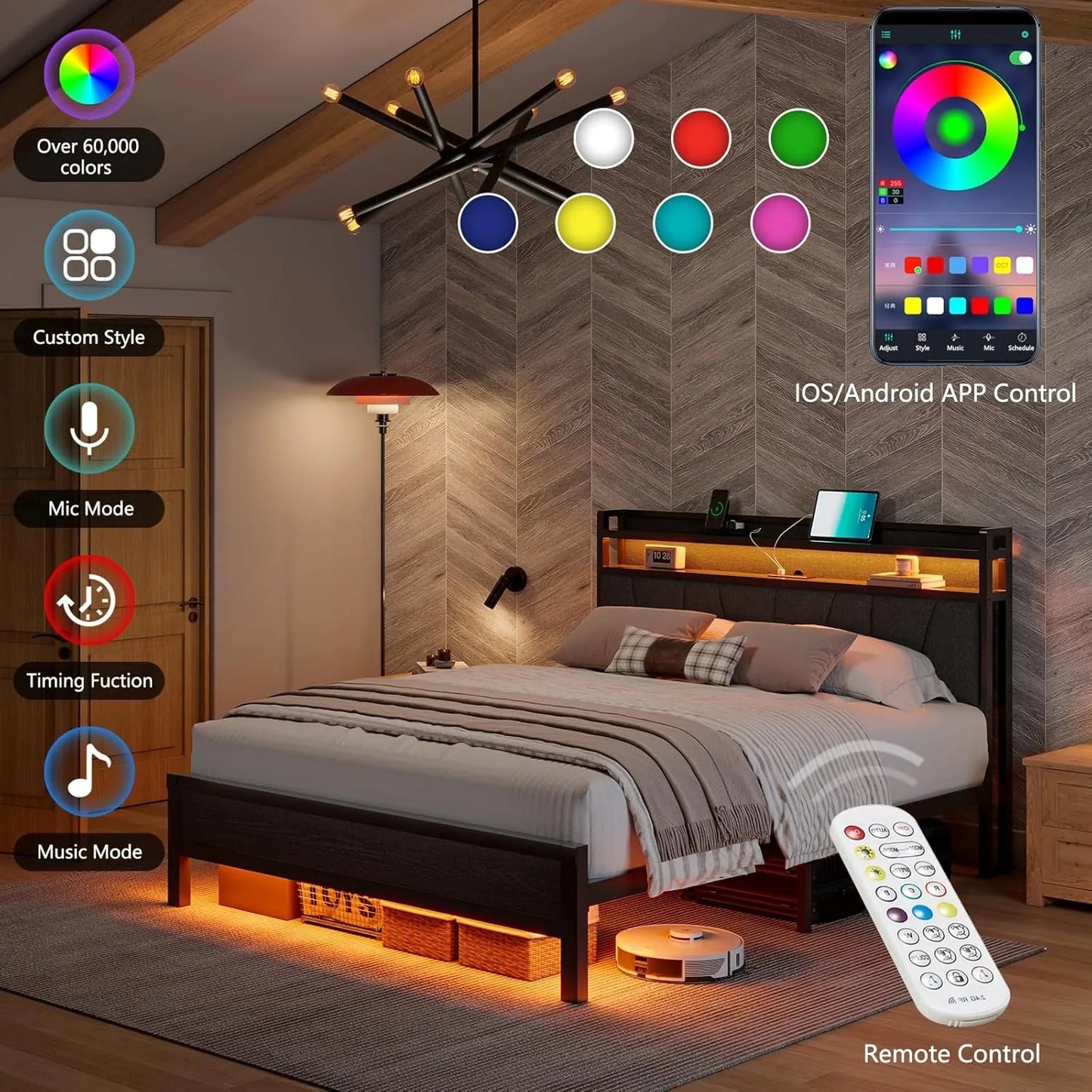 Queen Size Bed with LED Lights & Charging Station, Upholstered Headboard with 2-Tier Storage