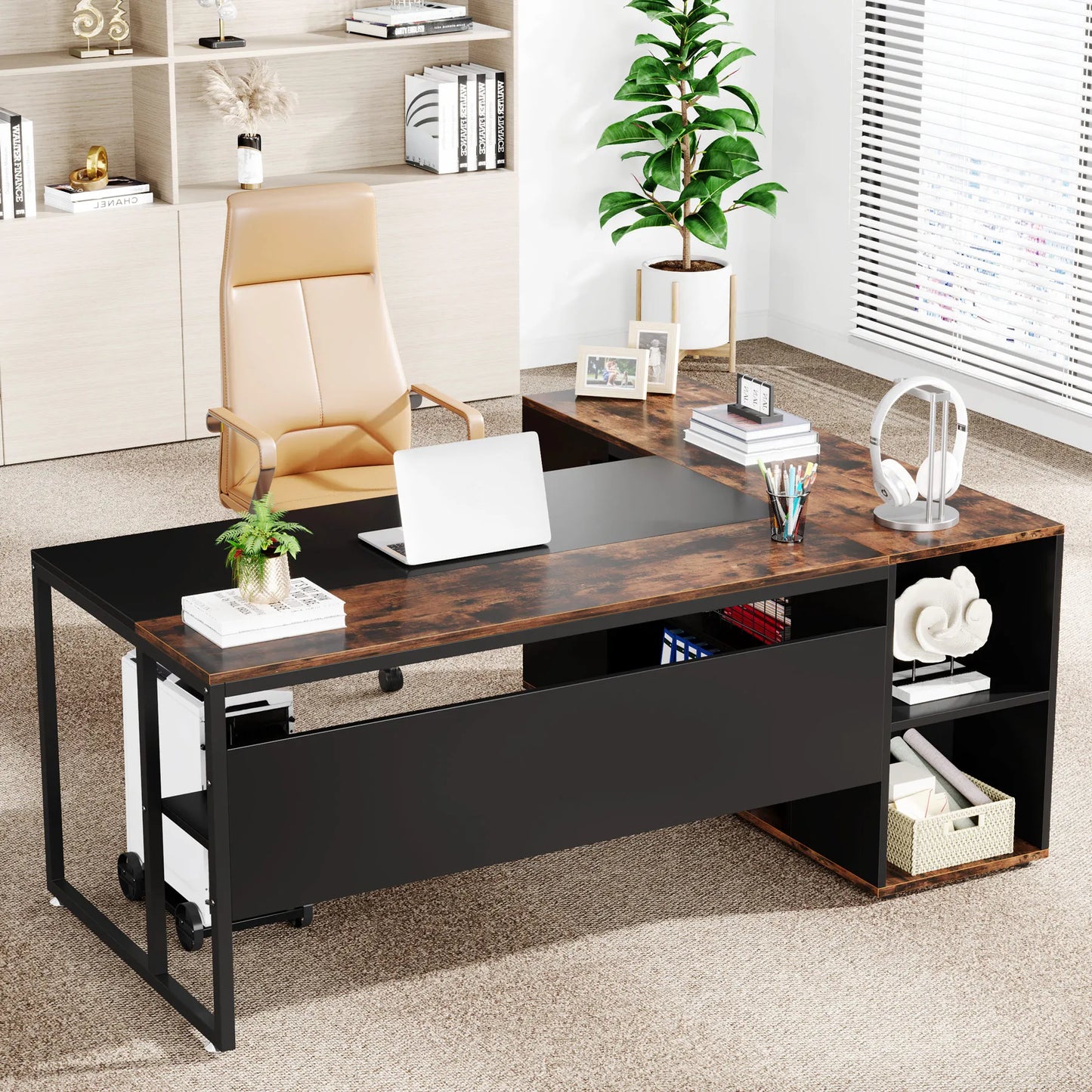 71" L Shaped Desk with Cabinet Storage