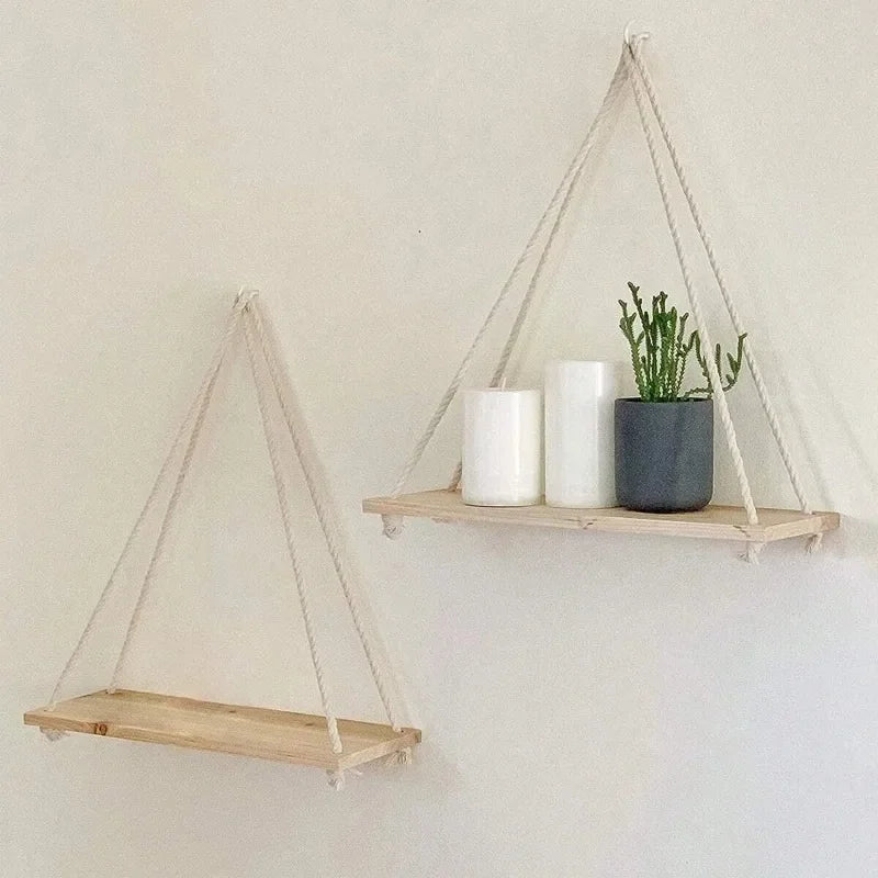 Wooden Hanging Rope Wall Shelves