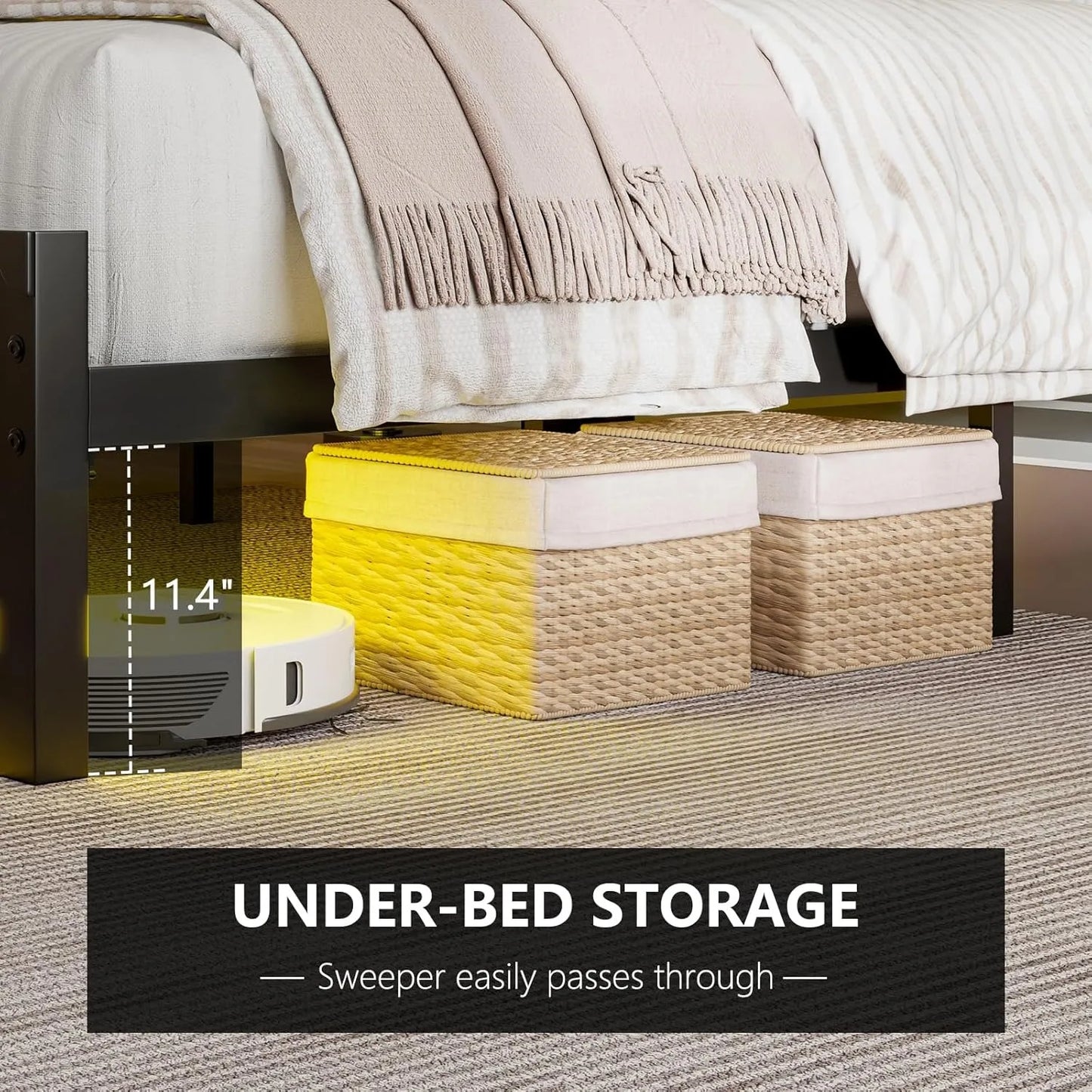 Queen Size Bed with LED Lights & Charging Station, Upholstered Headboard with 2-Tier Storage