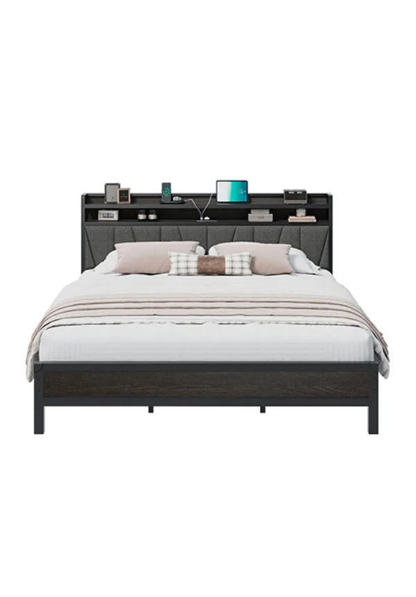 Queen Size Bed with LED Lights & Charging Station, Upholstered Headboard with 2-Tier Storage
