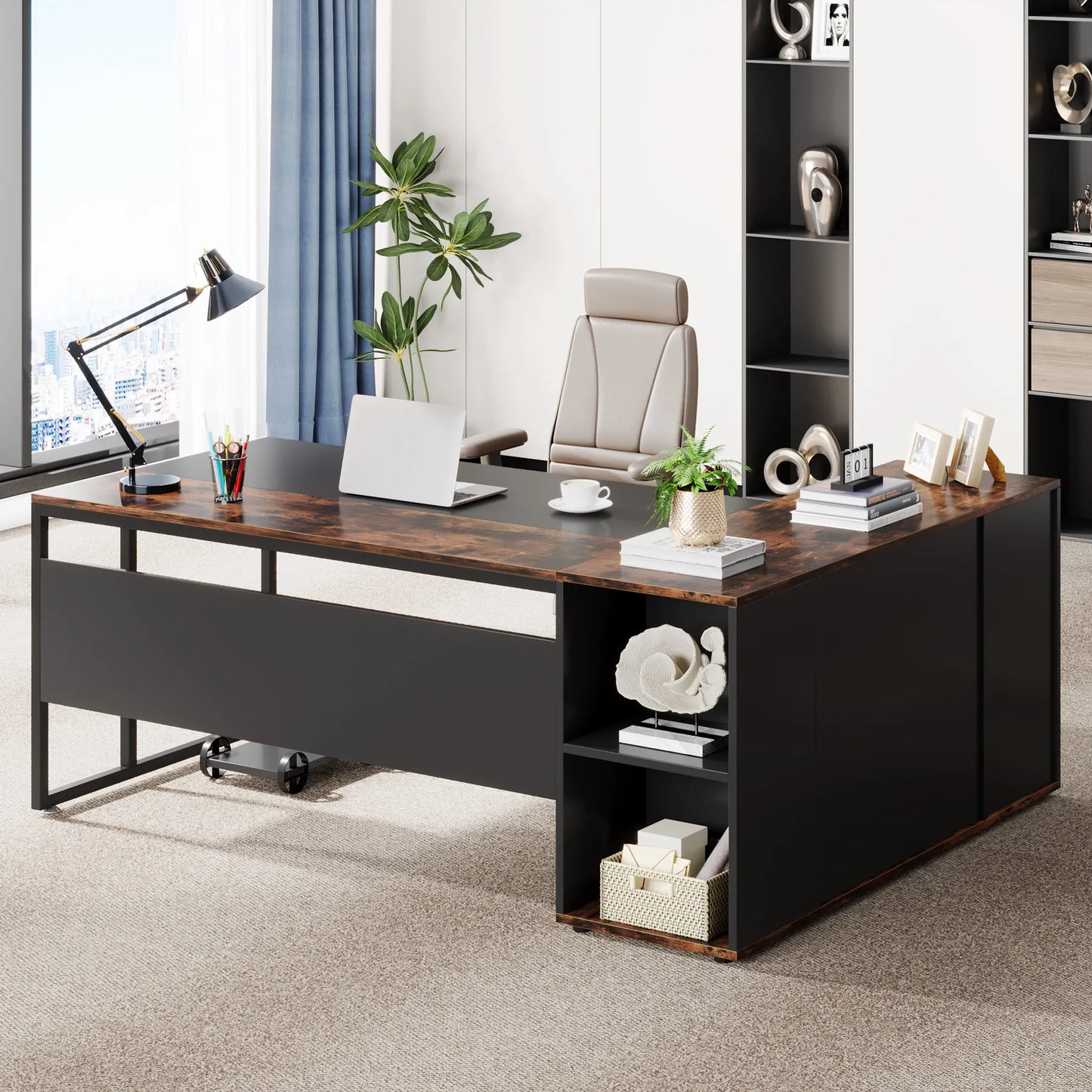 71" L Shaped Desk with Cabinet Storage