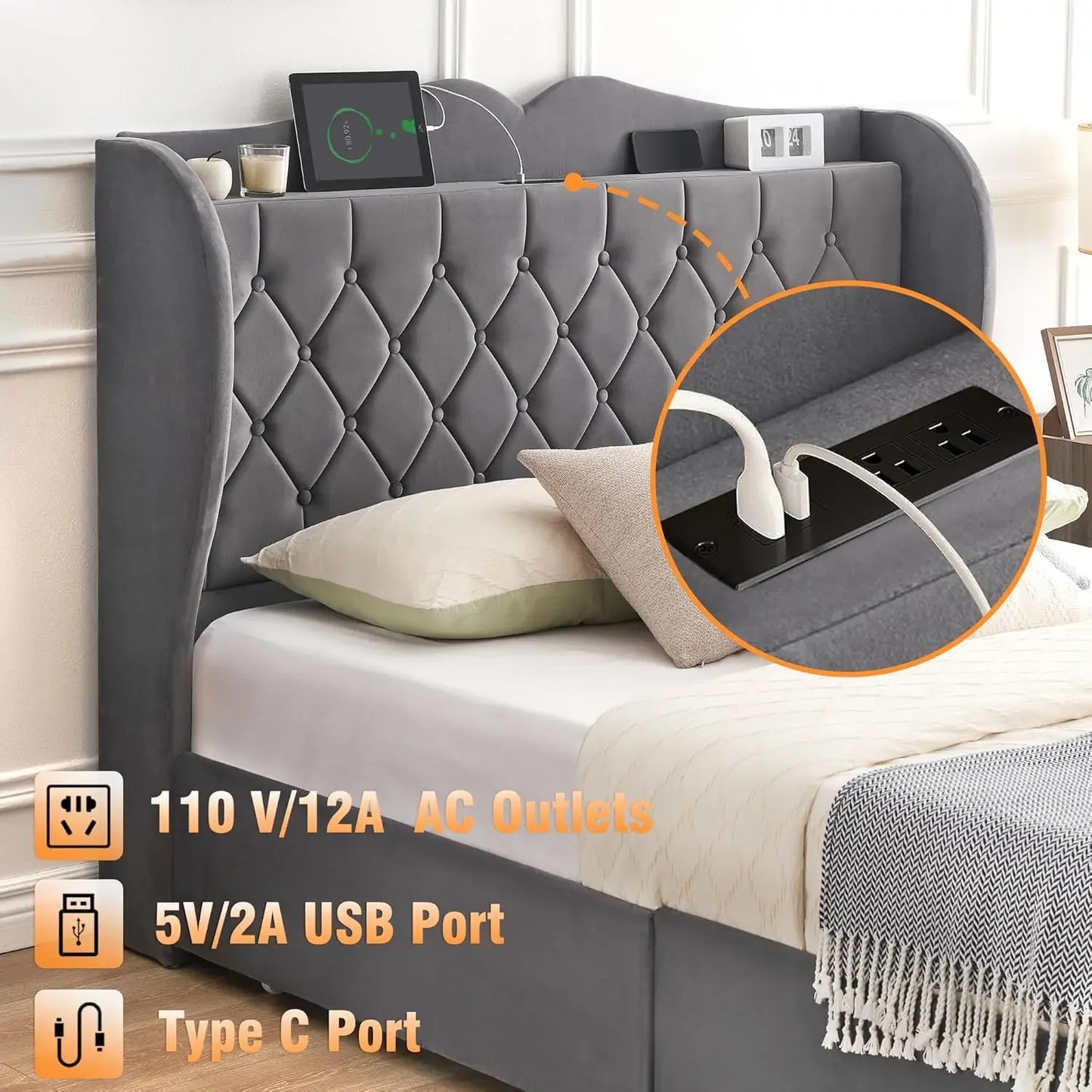Gray Diamond Tufted Storage Bed