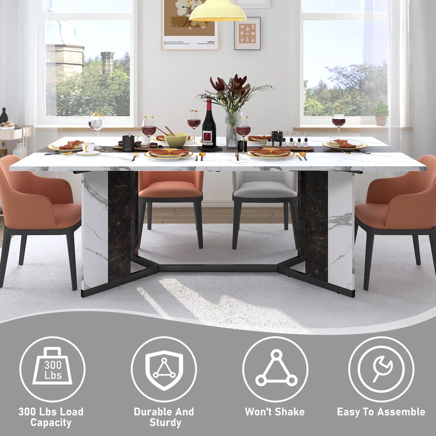 71" Large Marble Effect Dining Table