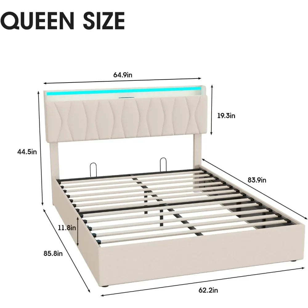 Queen Lift Up Storage Bed with LED Adjustable Headboard & Charging Station
