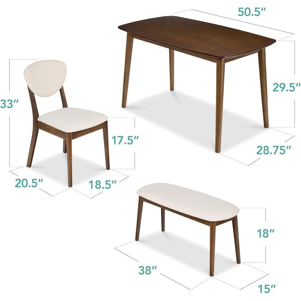 Mid-Century Modern Simple Dining Set with 2 Chairs & Bench Seat