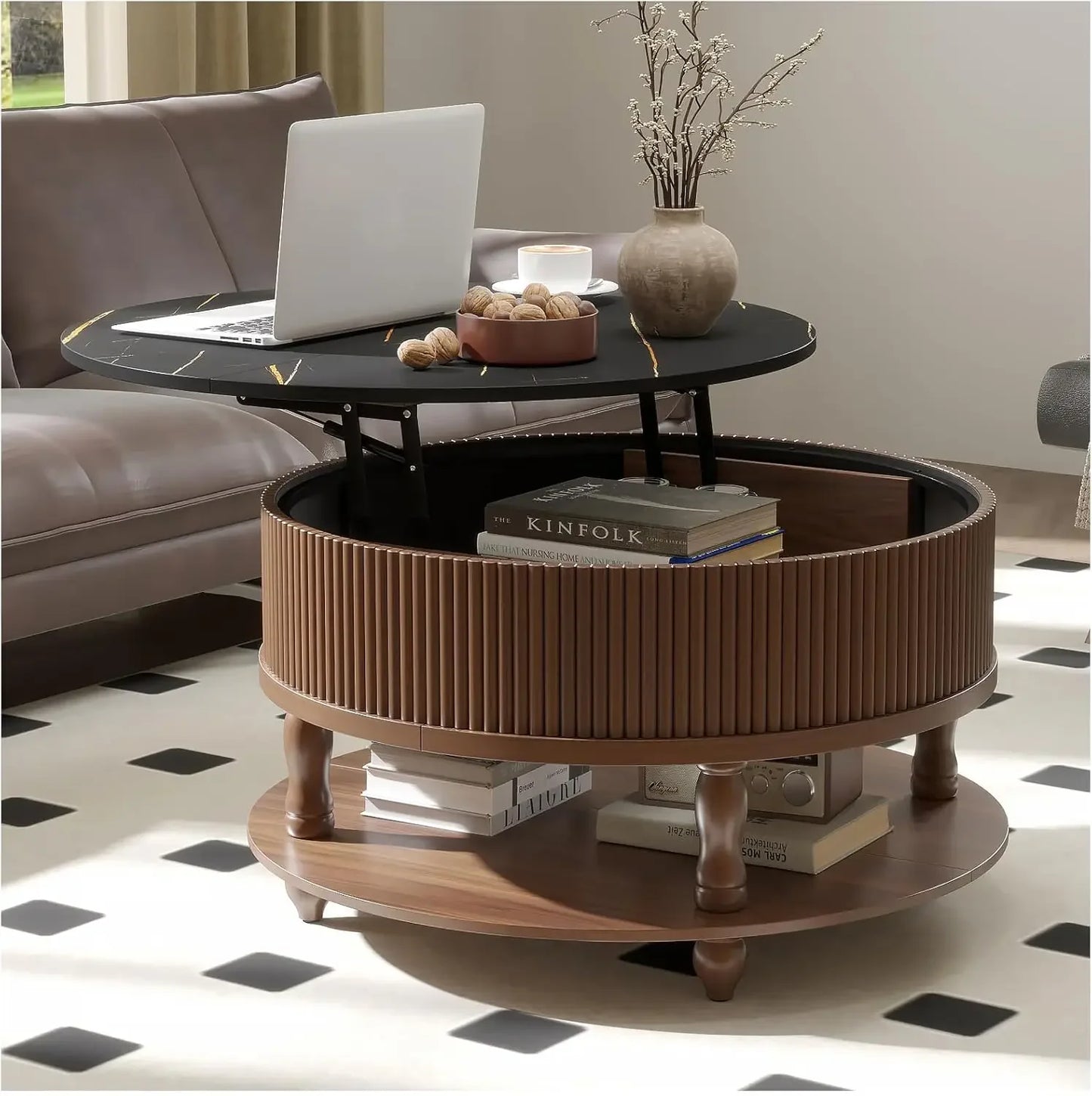 Mid Century Modern Round Coffee Table with Storage & Shelving