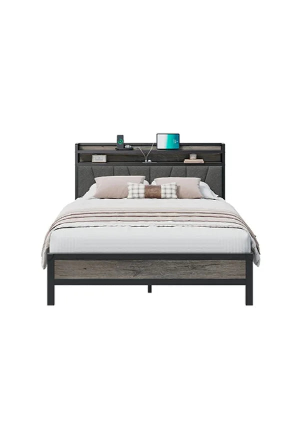 Queen Size Bed with LED Lights & Charging Station, Upholstered Headboard with 2-Tier Storage