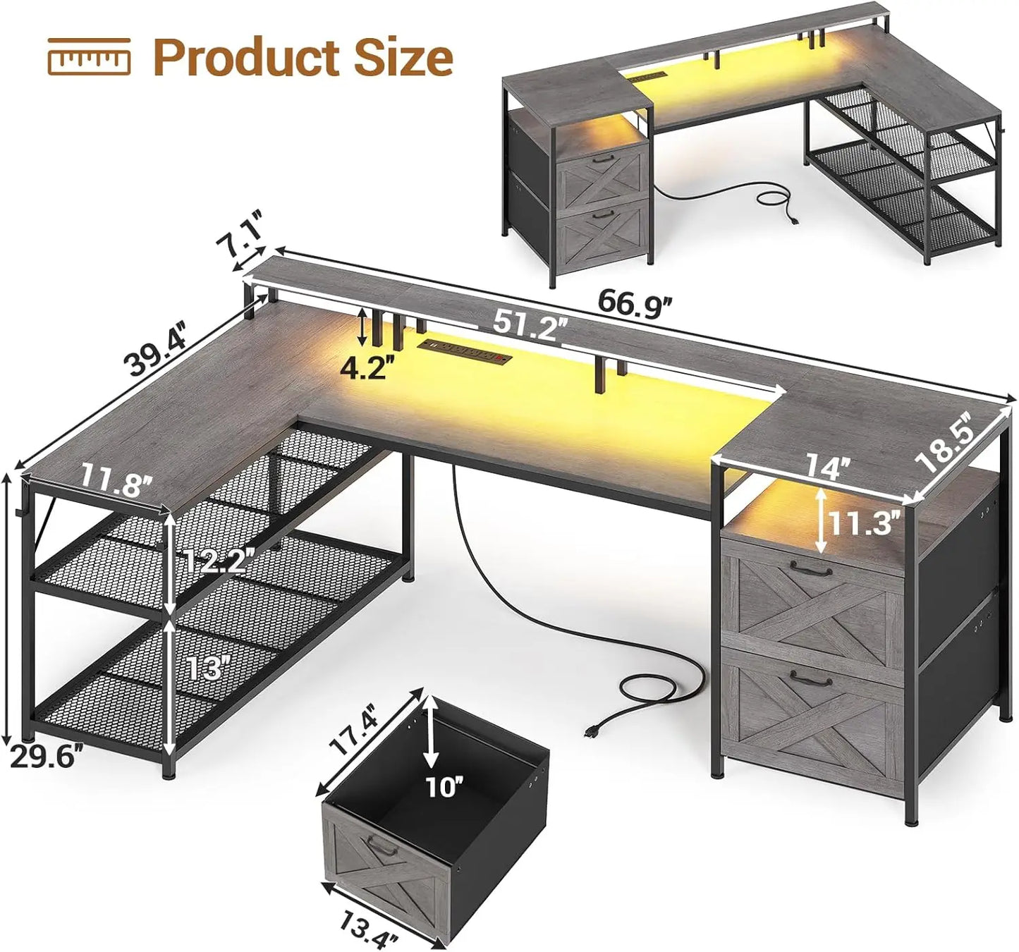 67" L Shaped LED Desk With Storage & Monitor Shelf