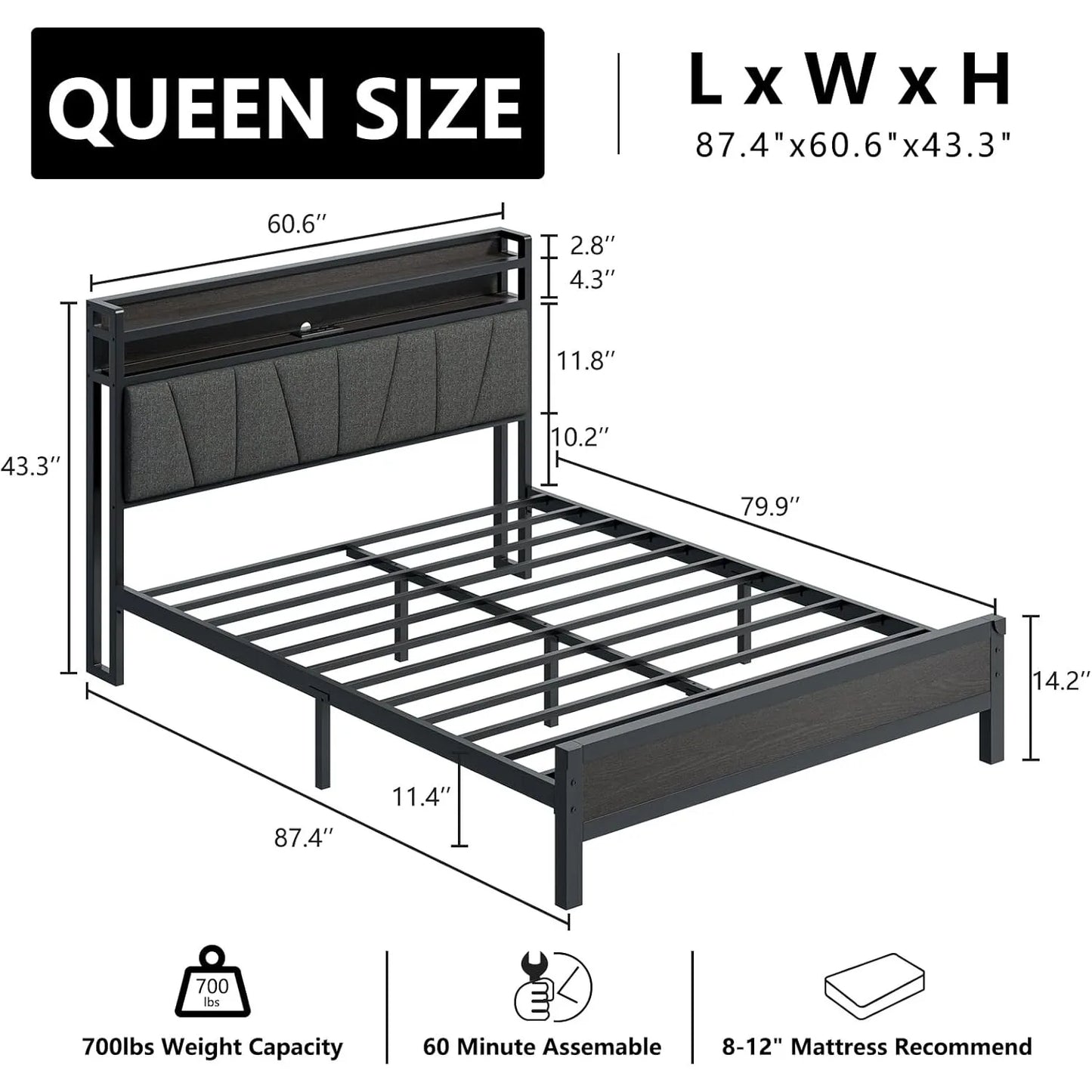 Queen Size Bed with LED Lights & Charging Station, Upholstered Headboard with 2-Tier Storage