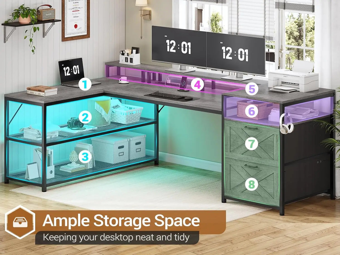 67" L Shaped LED Desk With Storage & Monitor Shelf