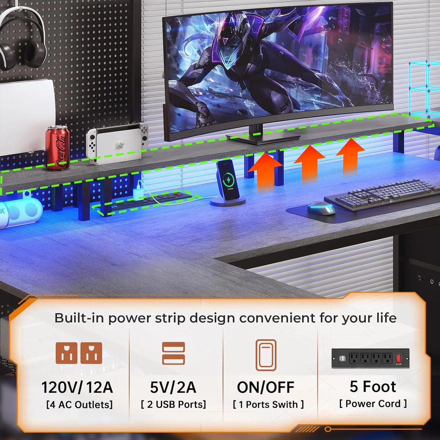 67" L Shaped LED Desk With Storage & Monitor Shelf