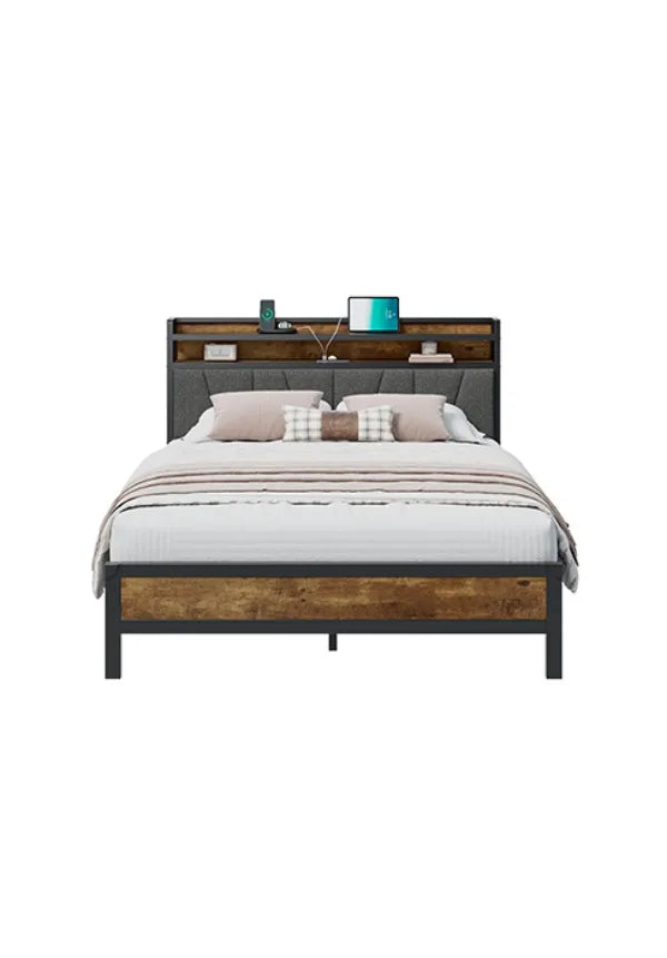 Queen Size Bed with LED Lights & Charging Station, Upholstered Headboard with 2-Tier Storage