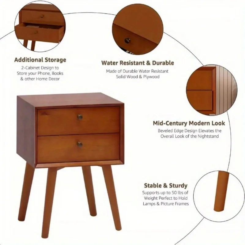 Modern Nightstand Table Mid Century Drawer Solid Wood