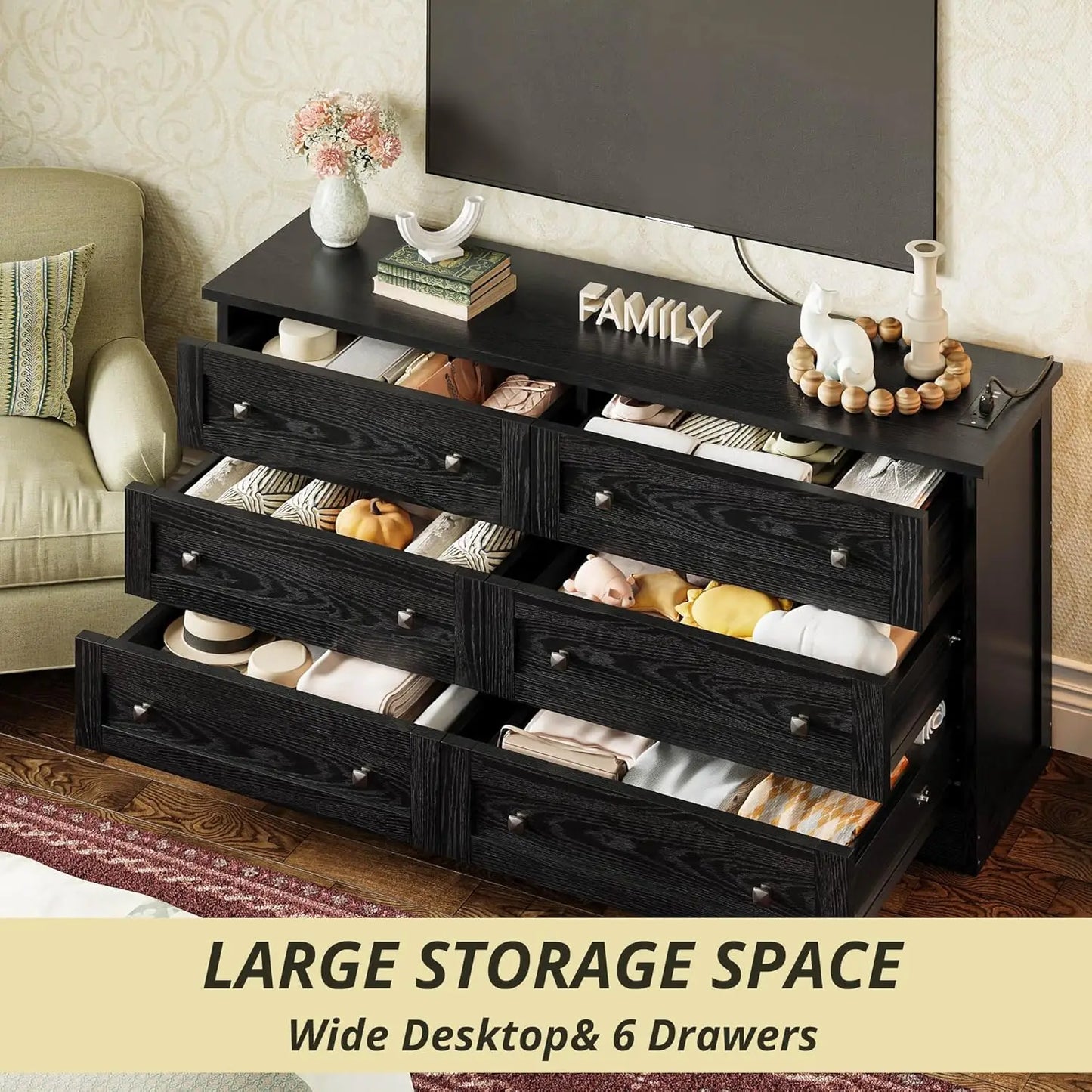 59" Black Classic Bedroom Dresser