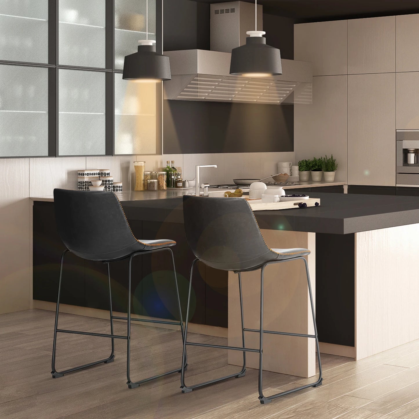 Modern Leather Bar Stools Set of 2