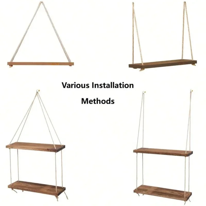 Wooden Hanging Rope Wall Shelves