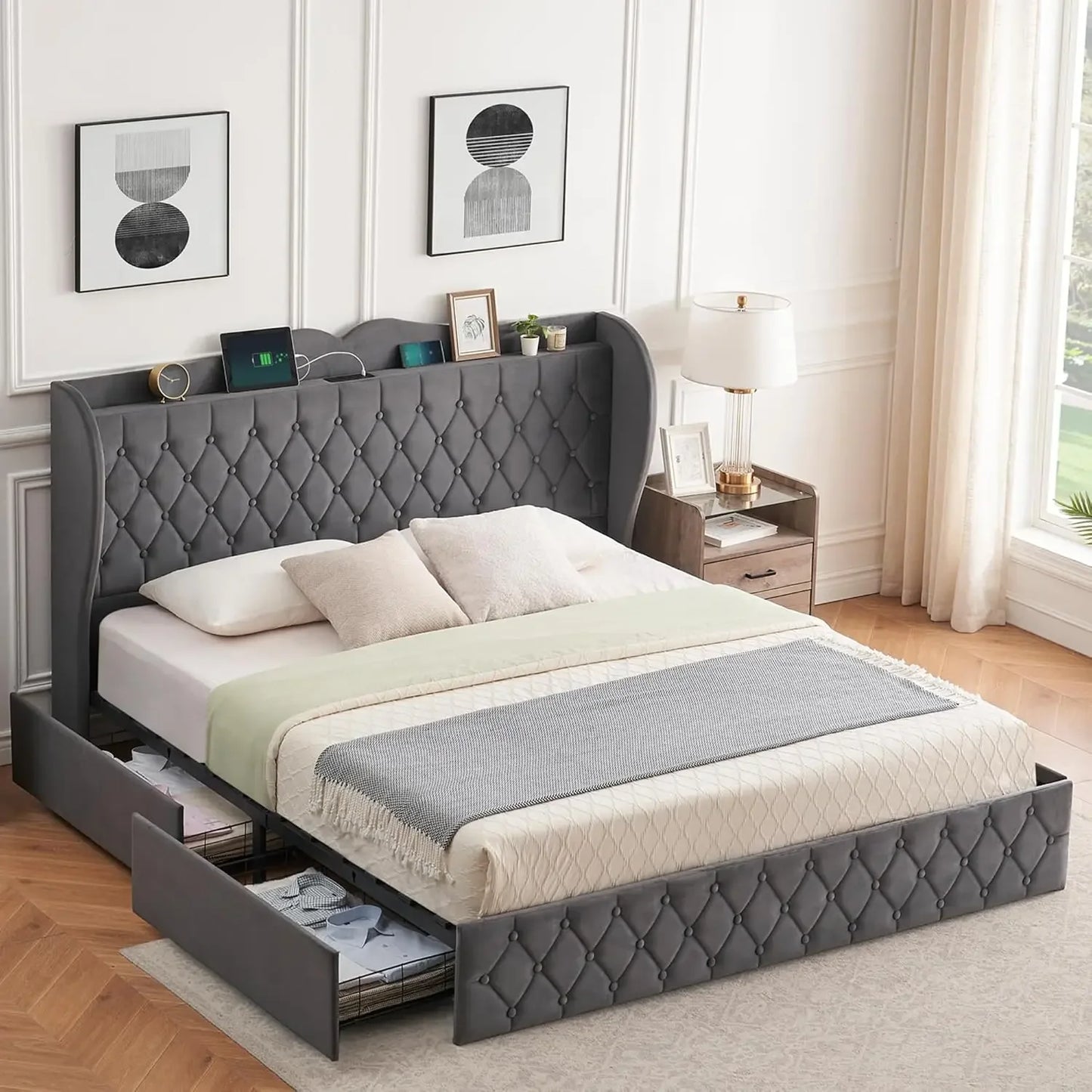 Gray Diamond Tufted Storage Bed