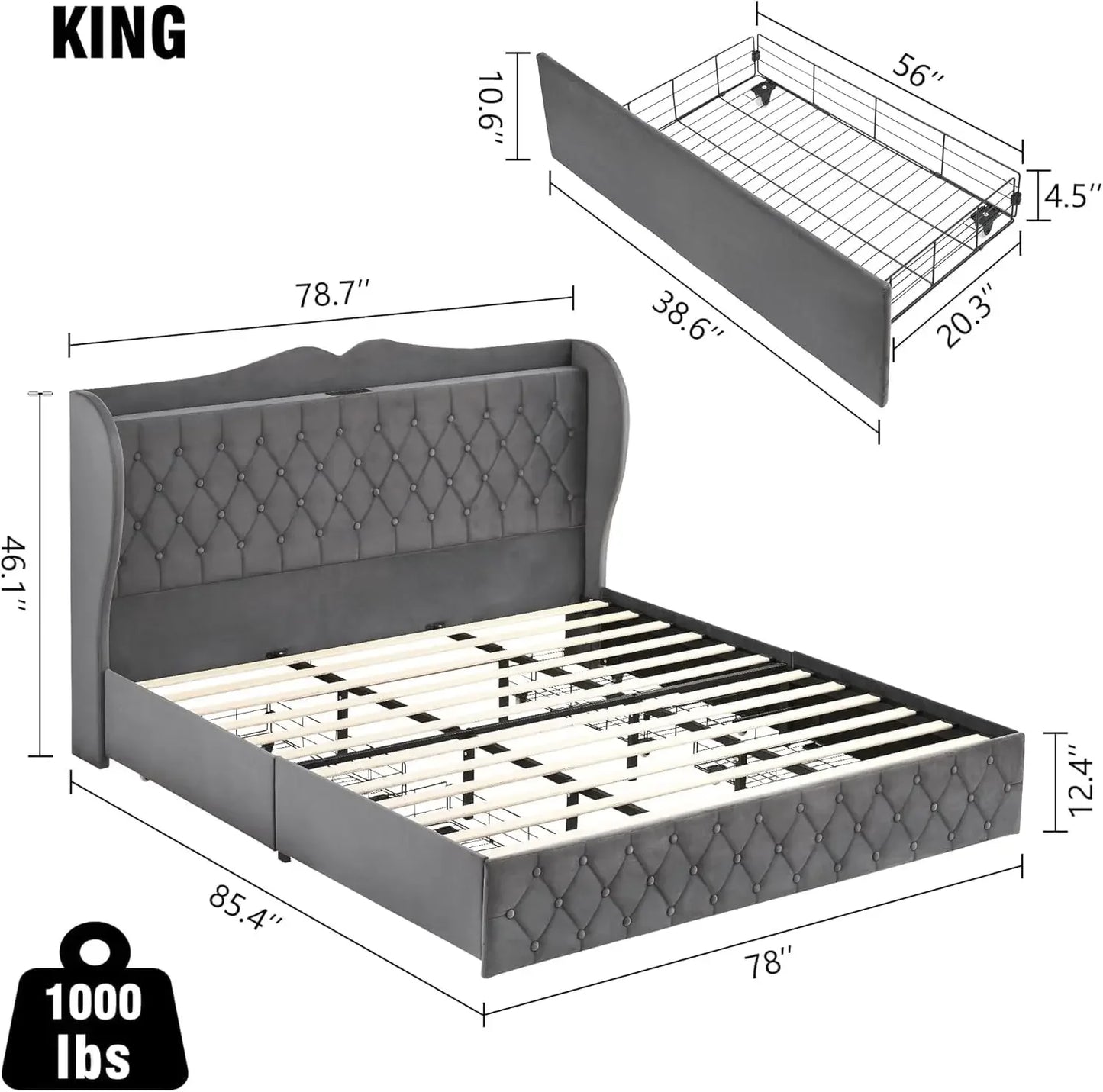 Gray Diamond Tufted Storage Bed