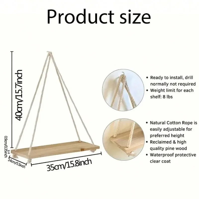 Wooden Hanging Rope Wall Shelves