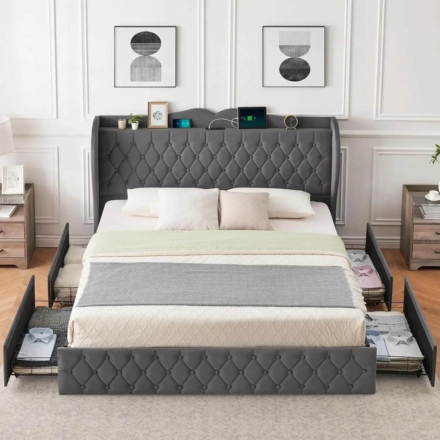 Gray Diamond Tufted Storage Bed