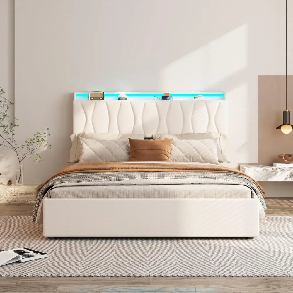 Queen Lift Up Storage Bed with LED Adjustable Headboard & Charging Station