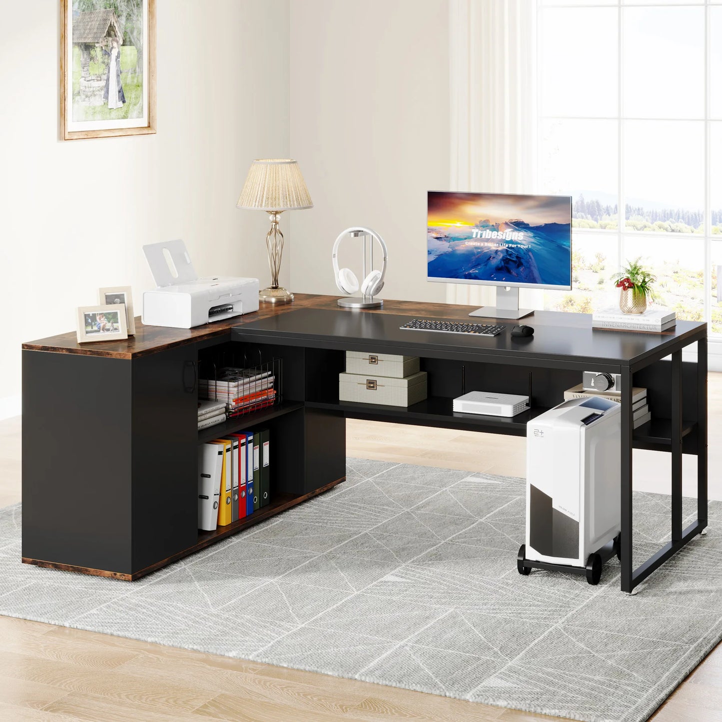 71" L Shaped Desk with Cabinet Storage