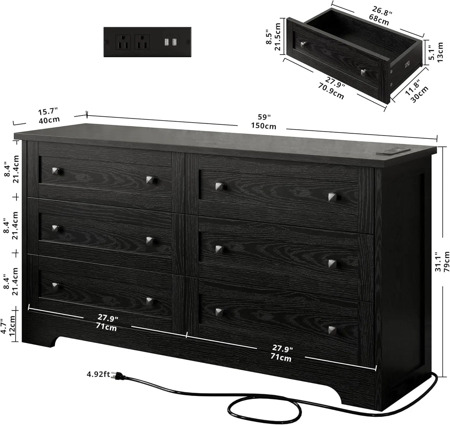 59" Black Classic Bedroom Dresser