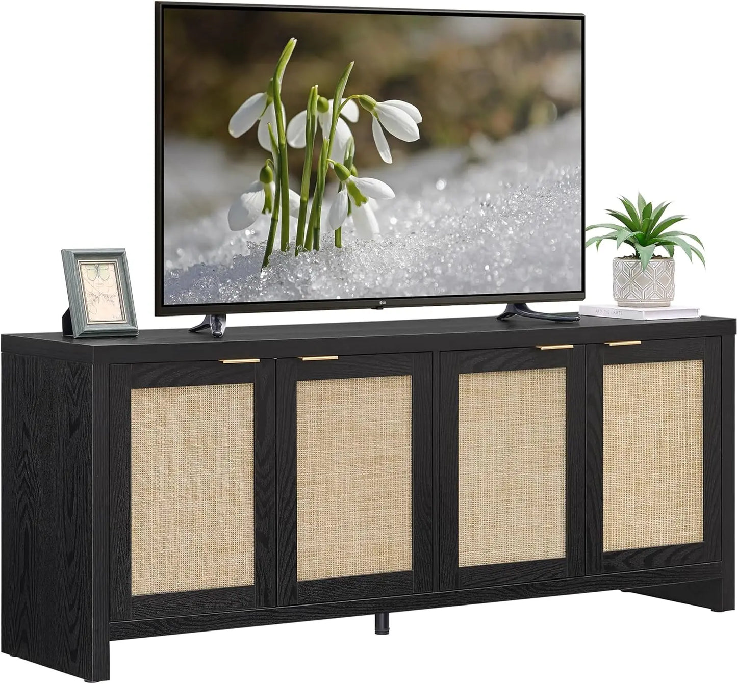 Tall Buffet-Styled Entertainment Center with Rattan Cabinets
