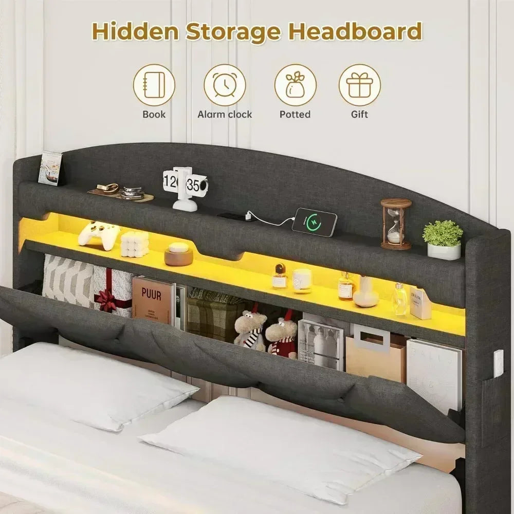 Platform LED Bed with Hidden Storage Headboard