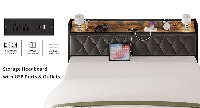 Wood & Upholstered Diamond Tufted Bed with Storage and Outlet