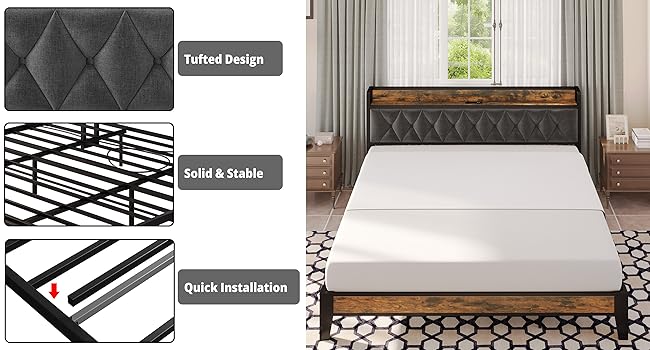 Wood & Upholstered Diamond Tufted Bed with Storage and Outlet