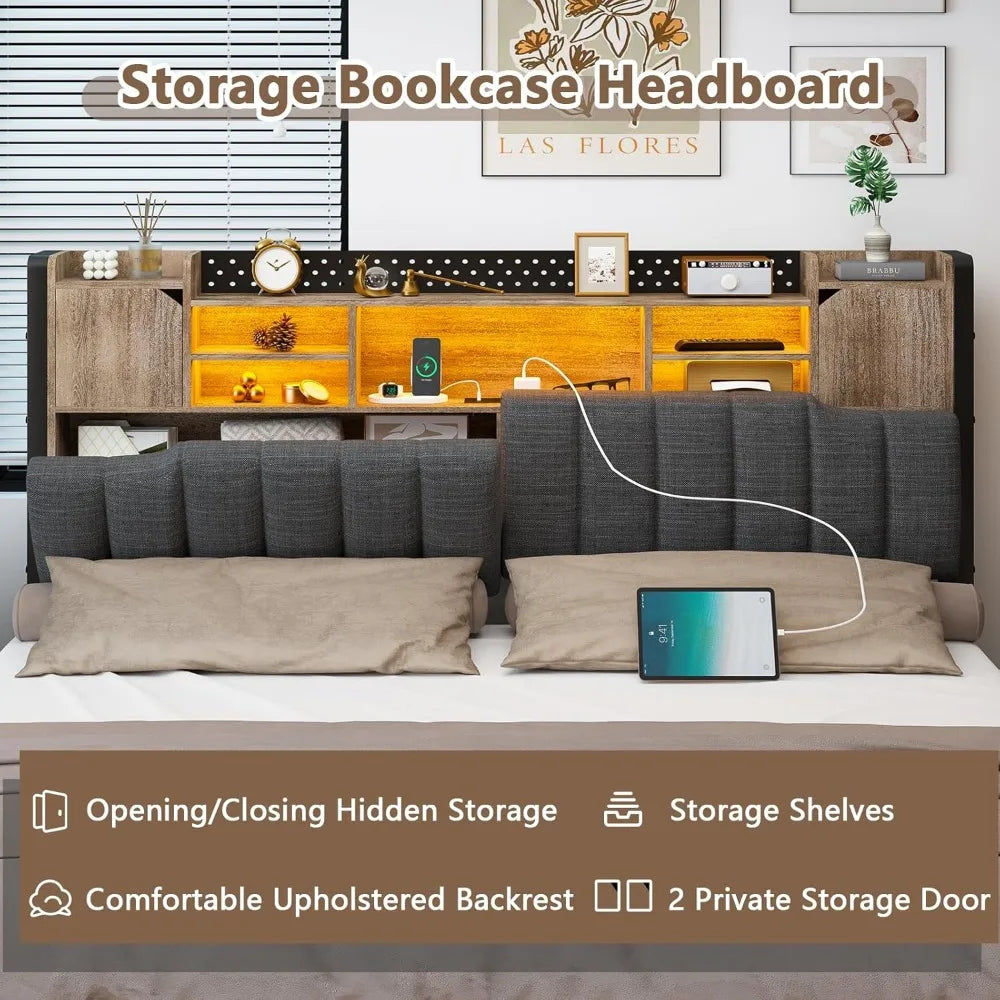 Gray LED Upholstered Bed with Charging Station