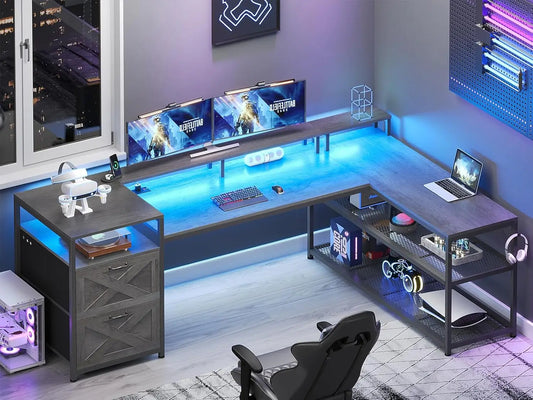 67" L Shaped LED Desk With Storage & Monitor Shelf