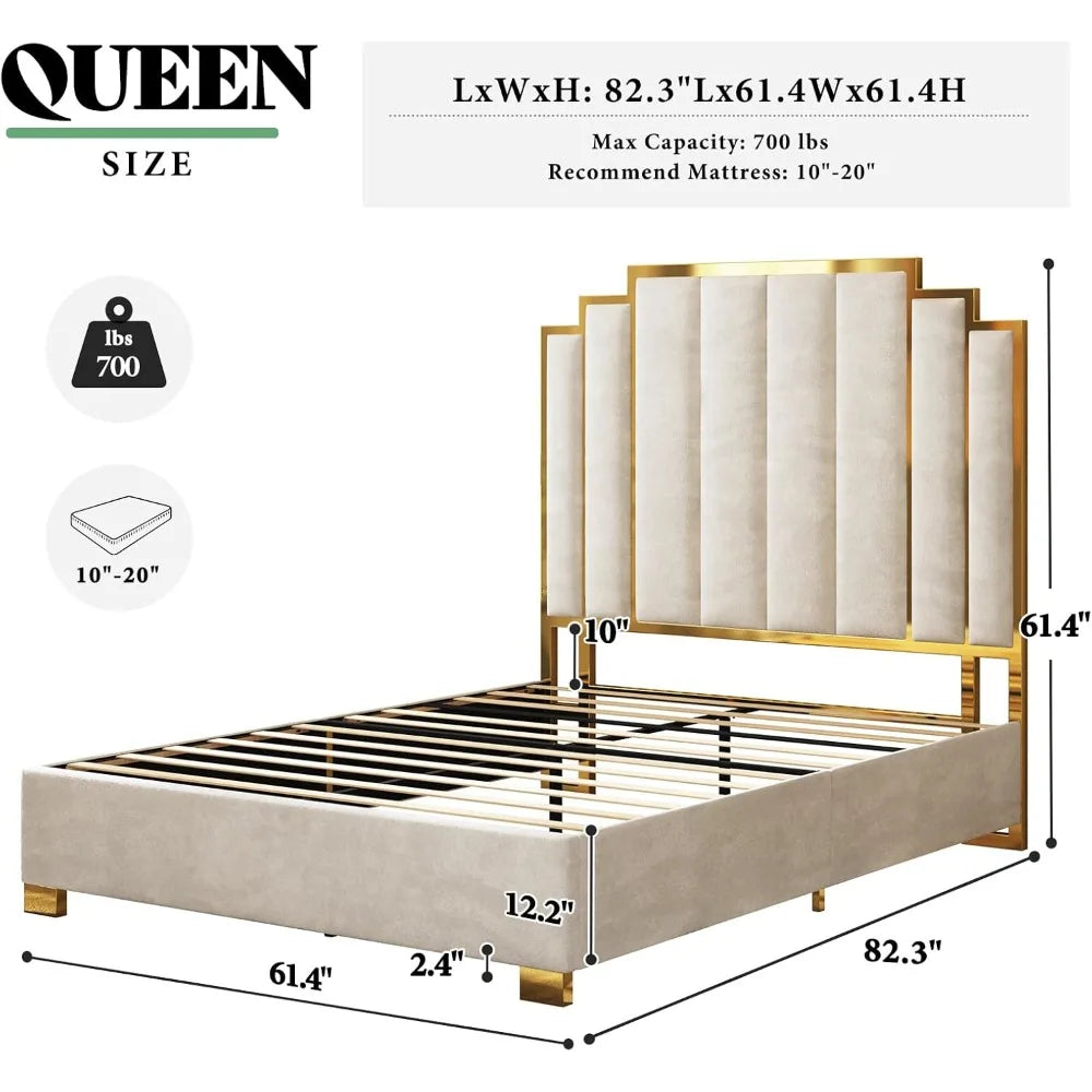 61.4" Queen Upholstered Gold Trim Bed Frame