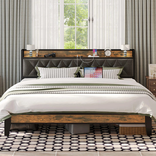 Wood & Upholstered Diamond Tufted Bed with Storage and Outlet