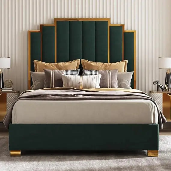 61.4" Queen Upholstered Gold Trim Bed Frame