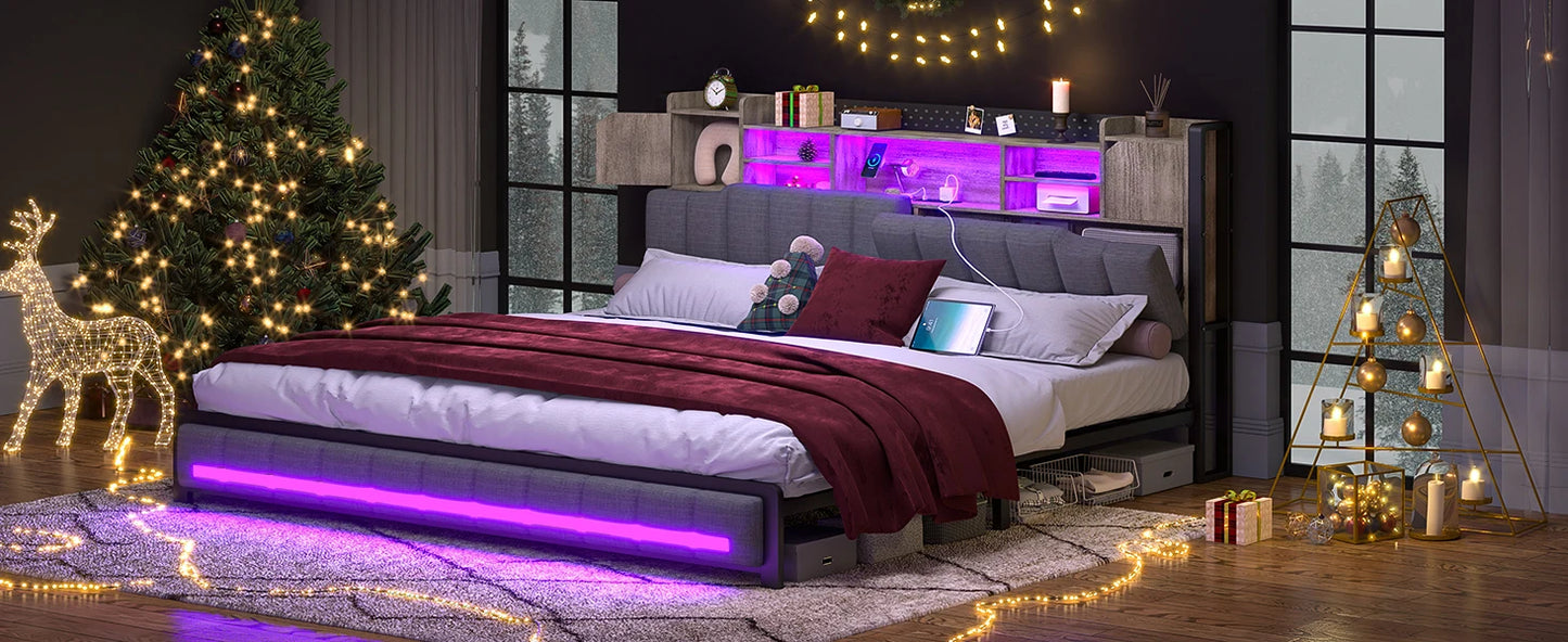 Gray LED Upholstered Bed with Charging Station