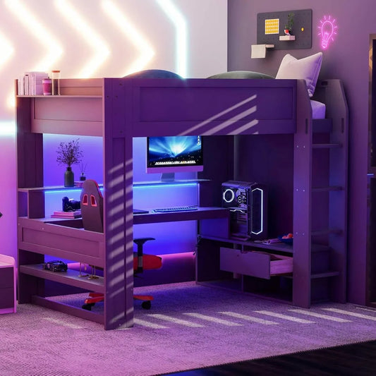 Full Size Gaming Loft Bed with Desk