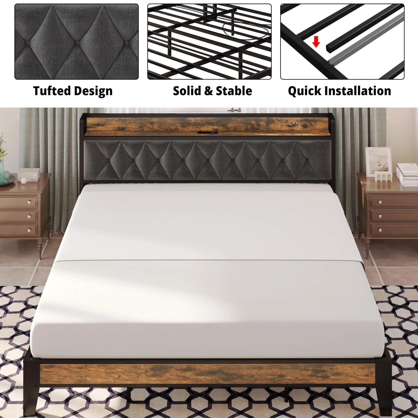 Wood & Upholstered Diamond Tufted Bed with Storage and Outlet