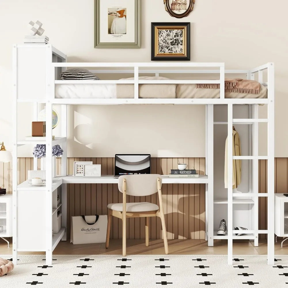 Full Size Loft Bed with L Shaped Desk and Wardrobe