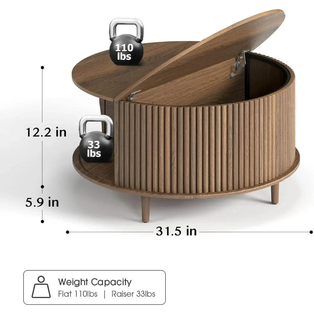 Mid Century Modern Round Coffee Table with Storage & Shelving