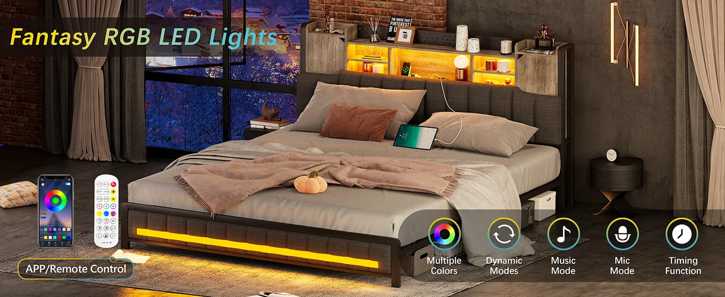 Gray LED Upholstered Bed with Charging Station