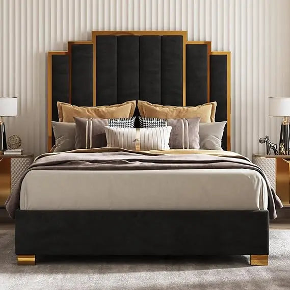 61.4" Queen Upholstered Gold Trim Bed Frame