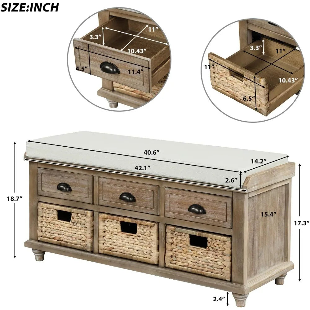 Wood Storage Bench with 3 Drawers