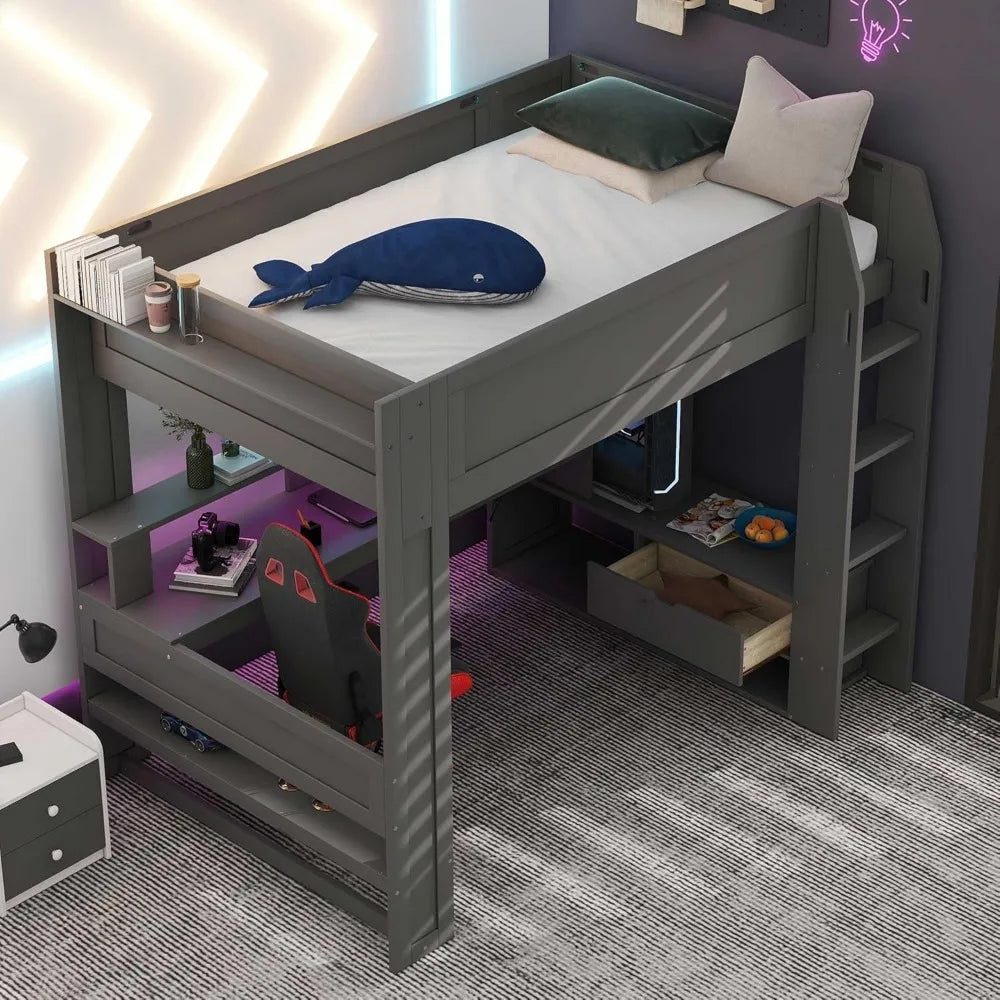 Full Size Gaming Loft Bed with Desk